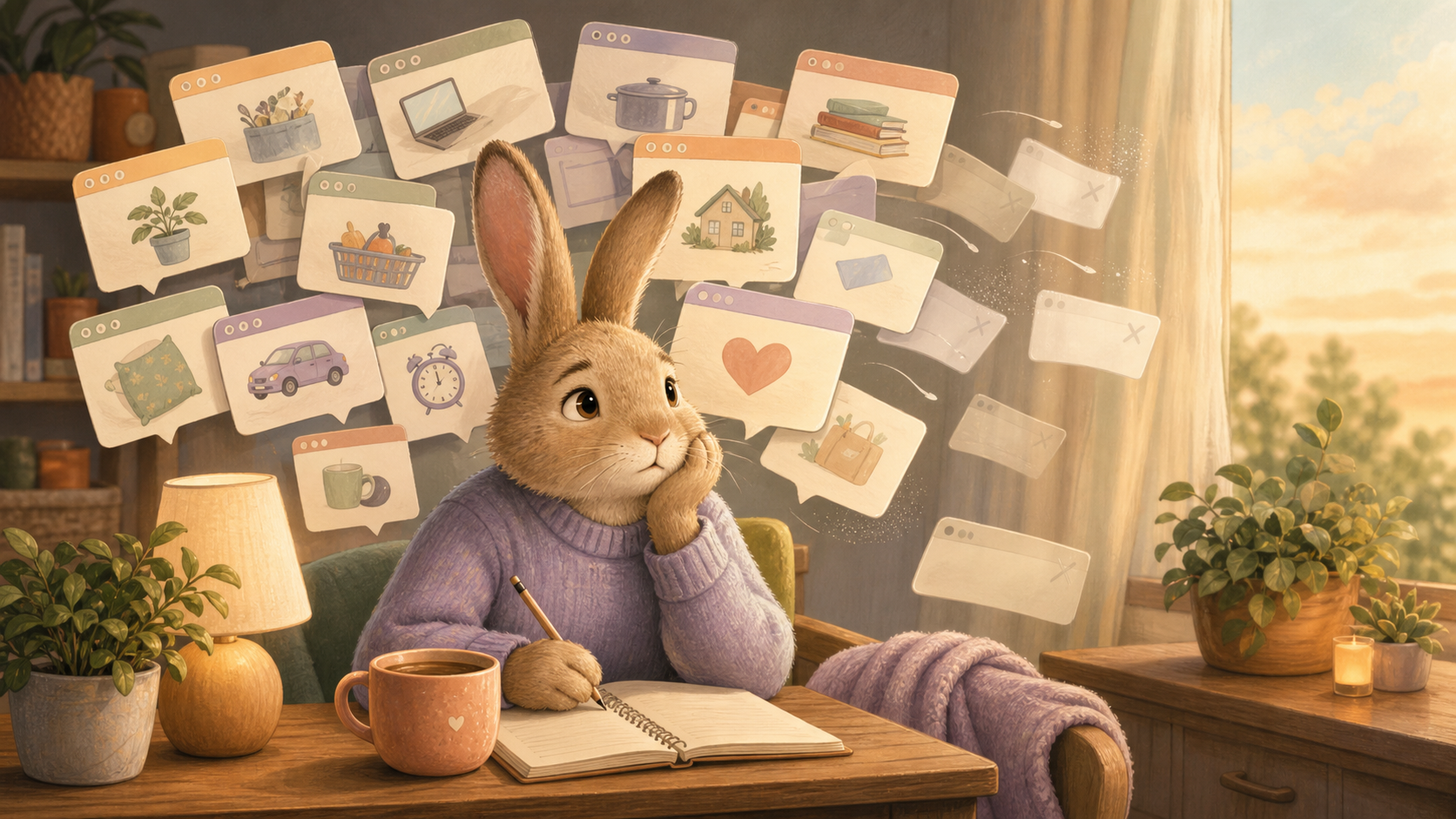 A cozy bunny at a desk surrounded by floating browser tabs, with some tabs fading away in warm light.
